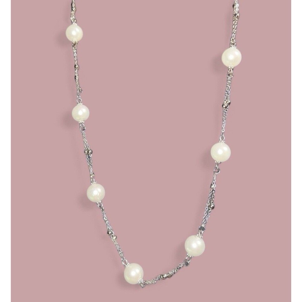 Faux Pearl Double Chain Silver Tone Necklace - 36”